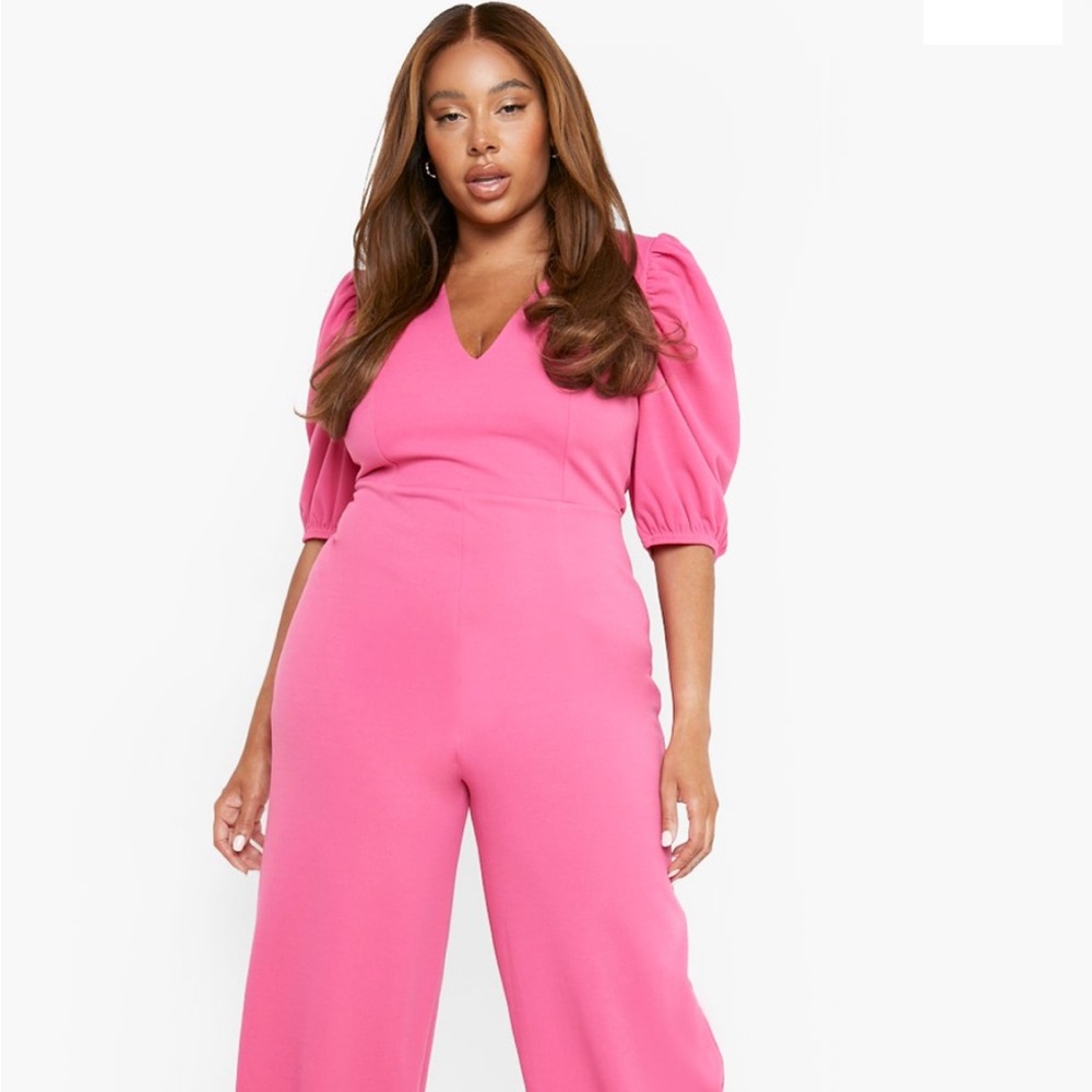 BooHoo Plus Puff Sleeve Wide Leg Jumpsuit Fuschia 24